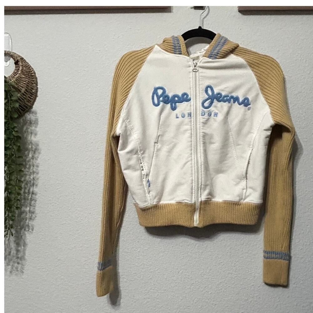 Y2K Pepe Jeans Zip Jacket Ribbed Cream Sleeves & Hood Small Hip-Hop Throwback